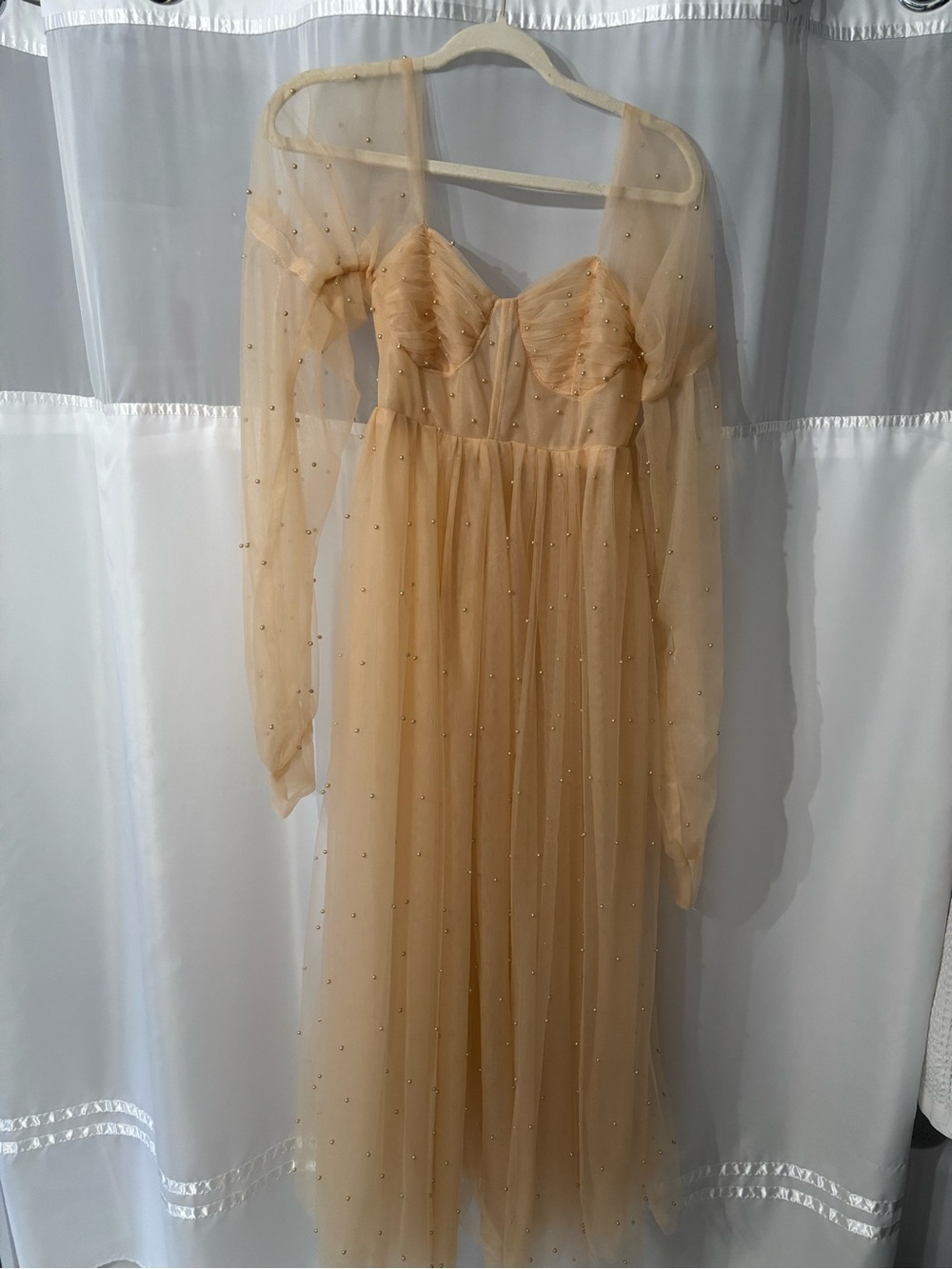 Sheer Beaded Nude-Tone Tulle Maxi Dress